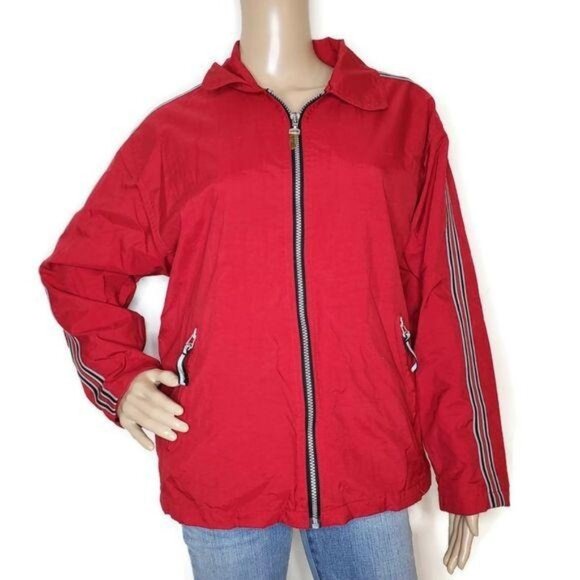 Express Athlétique Red Windbreaker Jacket With Striped Sleeves vintage style L - Picture 1 of 8